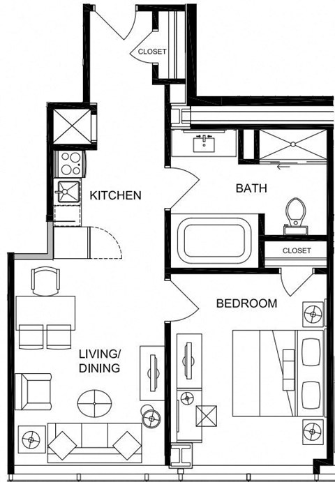 Floor plan for 1 bed, 1 bath, 658 sqft